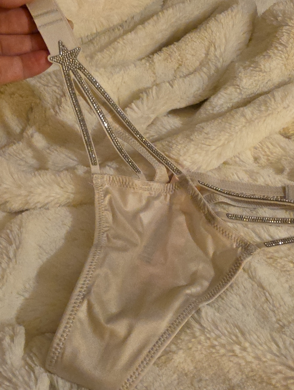 Nwt Very Sexy Victoria's Secret Cream Satin Thong with Rhinestone Star Straps S